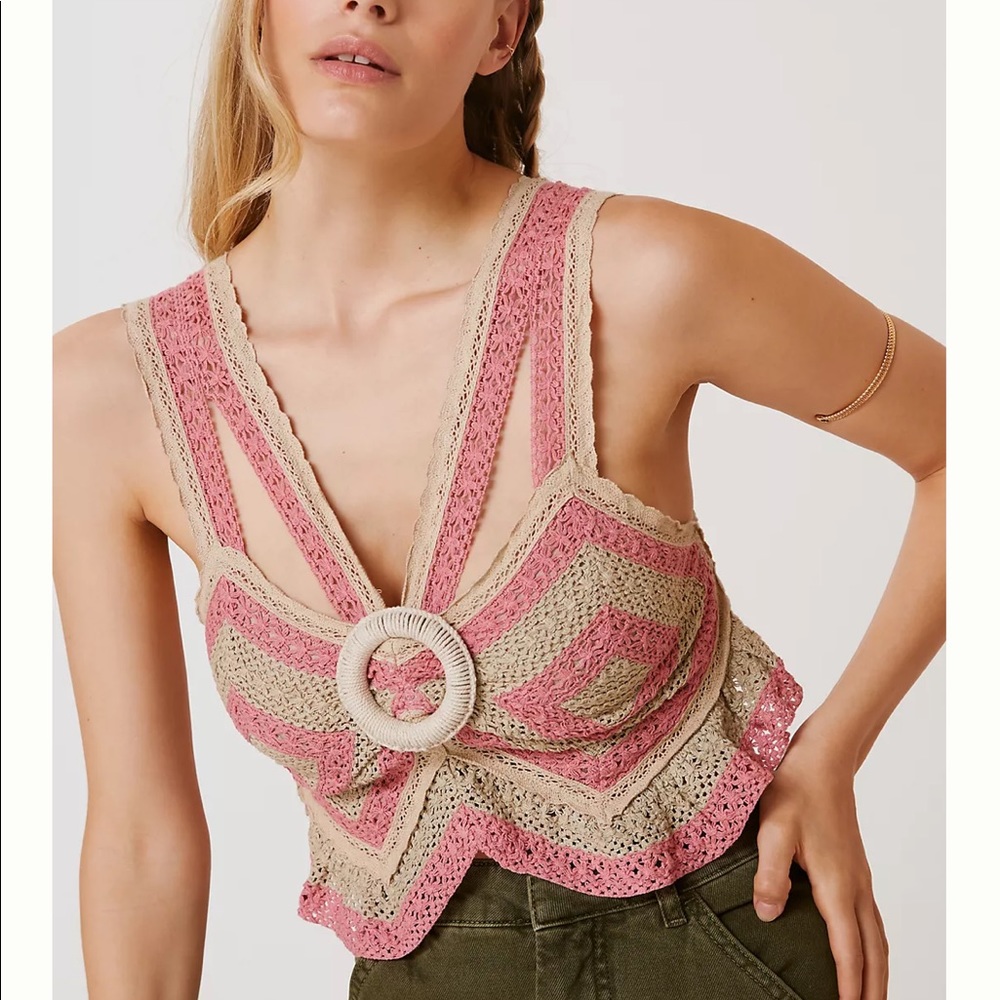 Anthropologie Pink Tan crochet open back tank top